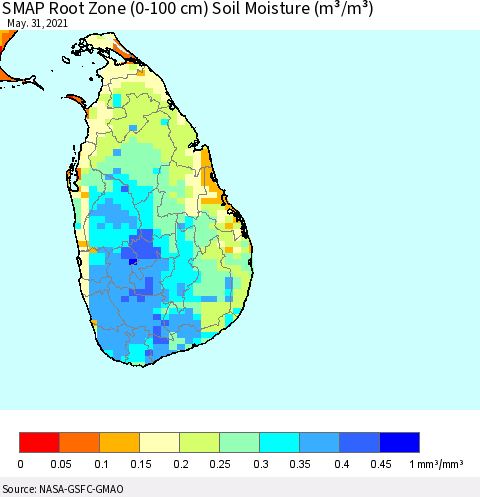Sri Lanka SMAP Root Zone (0-100 cm) Soil Moisture (m³/m³) Thematic Map For 5/26/2021 - 5/31/2021