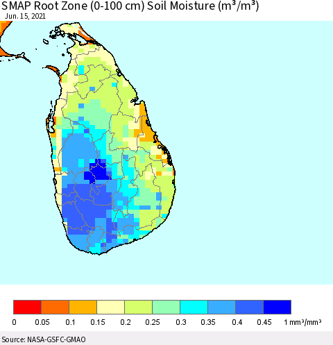 Sri Lanka SMAP Root Zone (0-100 cm) Soil Moisture (m³/m³) Thematic Map For 6/11/2021 - 6/15/2021