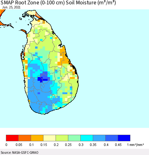 Sri Lanka SMAP Root Zone (0-100 cm) Soil Moisture (m³/m³) Thematic Map For 6/21/2021 - 6/25/2021