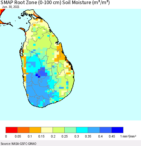 Sri Lanka SMAP Root Zone (0-100 cm) Soil Moisture (m³/m³) Thematic Map For 6/26/2021 - 6/30/2021