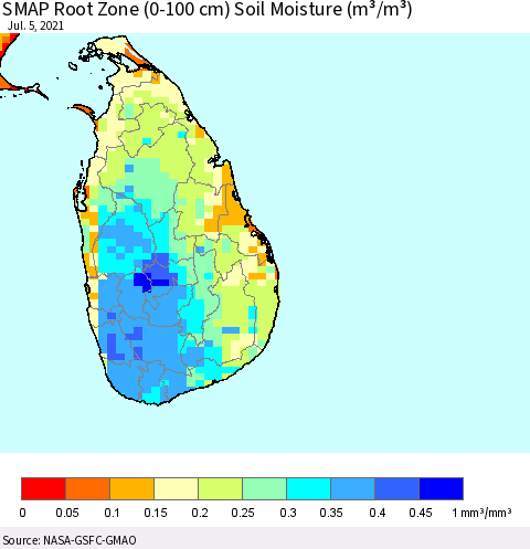 Sri Lanka SMAP Root Zone (0-100 cm) Soil Moisture (m³/m³) Thematic Map For 7/1/2021 - 7/5/2021
