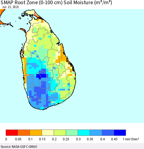 Sri Lanka SMAP Root Zone (0-100 cm) Soil Moisture (m³/m³) Thematic Map For 7/11/2021 - 7/15/2021