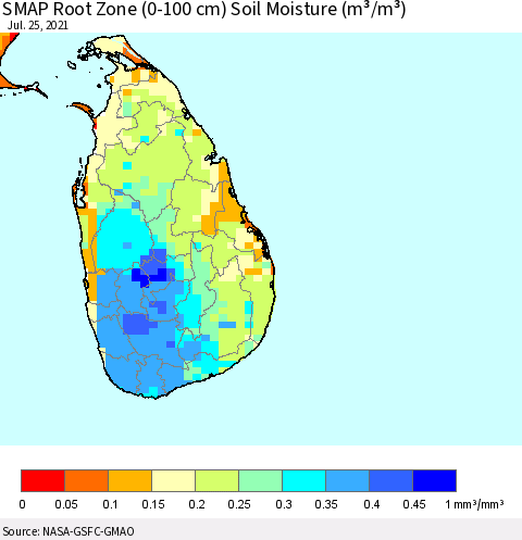 Sri Lanka SMAP Root Zone (0-100 cm) Soil Moisture (m³/m³) Thematic Map For 7/21/2021 - 7/25/2021