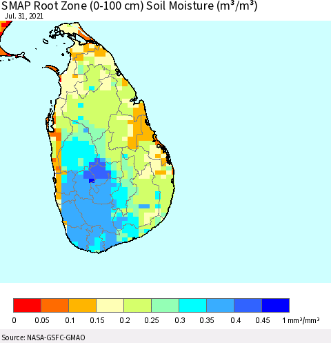 Sri Lanka SMAP Root Zone (0-100 cm) Soil Moisture (m³/m³) Thematic Map For 7/26/2021 - 7/31/2021