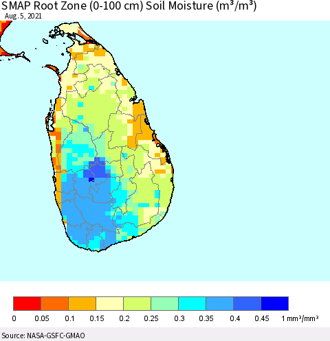 Sri Lanka SMAP Root Zone (0-100 cm) Soil Moisture (m³/m³) Thematic Map For 8/1/2021 - 8/5/2021