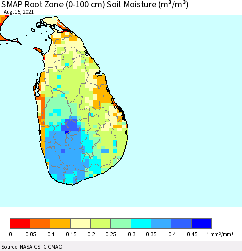 Sri Lanka SMAP Root Zone (0-100 cm) Soil Moisture (m³/m³) Thematic Map For 8/11/2021 - 8/15/2021