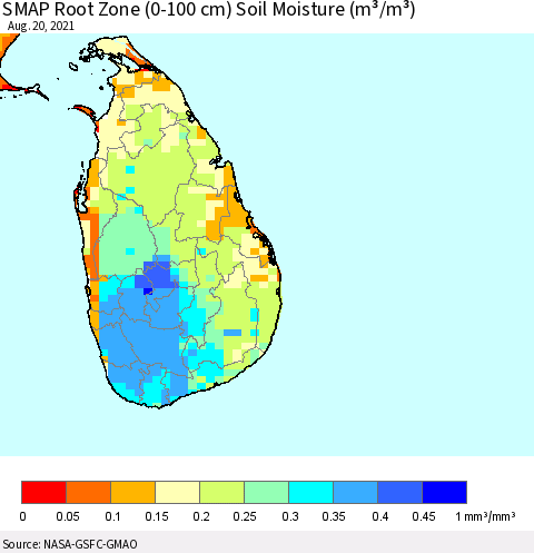 Sri Lanka SMAP Root Zone (0-100 cm) Soil Moisture (m³/m³) Thematic Map For 8/16/2021 - 8/20/2021