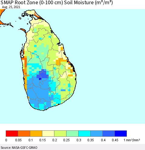 Sri Lanka SMAP Root Zone (0-100 cm) Soil Moisture (m³/m³) Thematic Map For 8/21/2021 - 8/25/2021