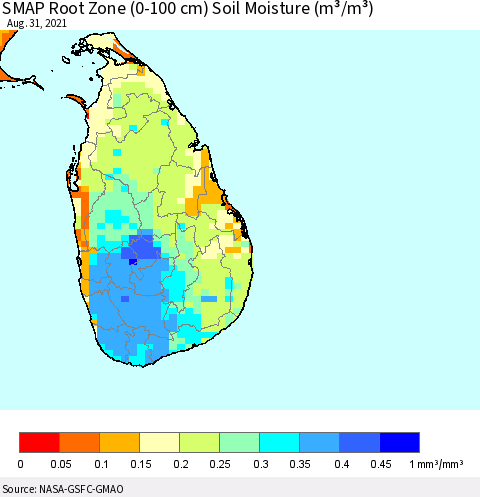 Sri Lanka SMAP Root Zone (0-100 cm) Soil Moisture (m³/m³) Thematic Map For 8/26/2021 - 8/31/2021