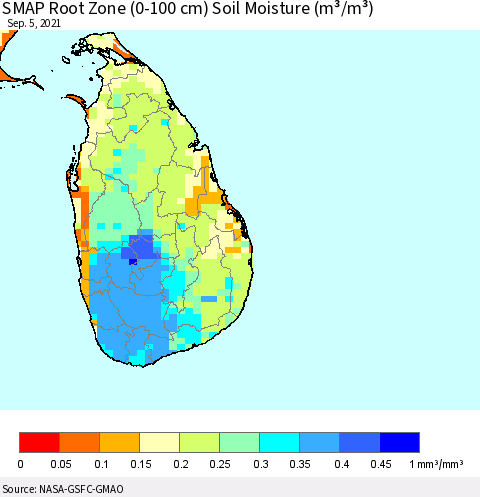 Sri Lanka SMAP Root Zone (0-100 cm) Soil Moisture (m³/m³) Thematic Map For 9/1/2021 - 9/5/2021