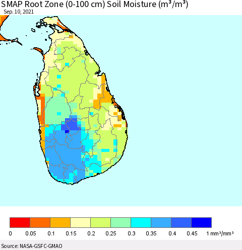 Sri Lanka SMAP Root Zone (0-100 cm) Soil Moisture (m³/m³) Thematic Map For 9/6/2021 - 9/10/2021