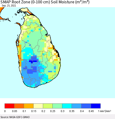 Sri Lanka SMAP Root Zone (0-100 cm) Soil Moisture (m³/m³) Thematic Map For 9/21/2021 - 9/25/2021