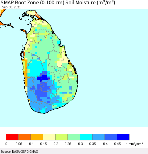 Sri Lanka SMAP Root Zone (0-100 cm) Soil Moisture (m³/m³) Thematic Map For 9/26/2021 - 9/30/2021
