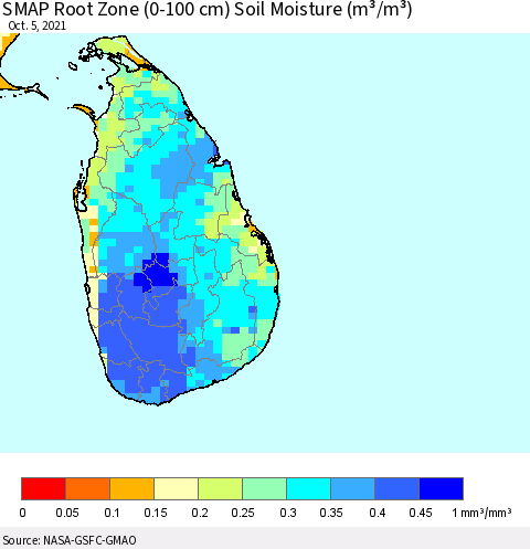 Sri Lanka SMAP Root Zone (0-100 cm) Soil Moisture (m³/m³) Thematic Map For 10/1/2021 - 10/5/2021
