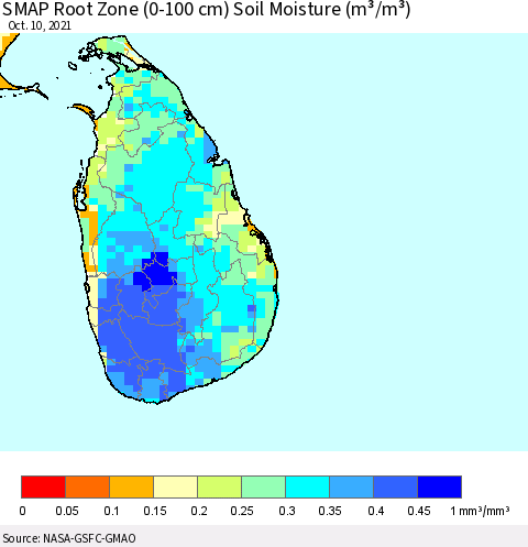 Sri Lanka SMAP Root Zone (0-100 cm) Soil Moisture (m³/m³) Thematic Map For 10/6/2021 - 10/10/2021
