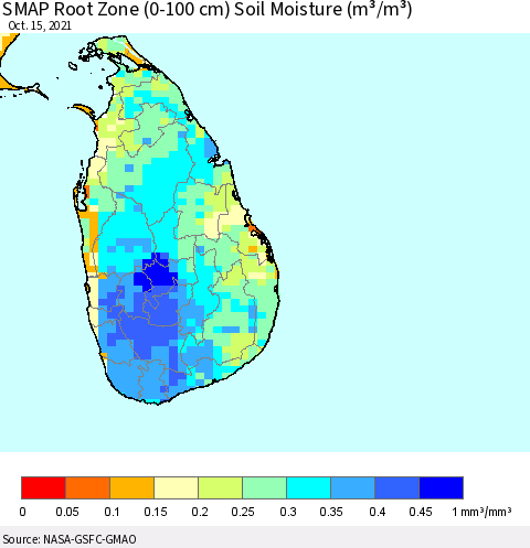 Sri Lanka SMAP Root Zone (0-100 cm) Soil Moisture (m³/m³) Thematic Map For 10/11/2021 - 10/15/2021