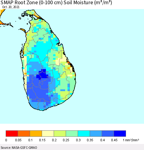 Sri Lanka SMAP Root Zone (0-100 cm) Soil Moisture (m³/m³) Thematic Map For 10/16/2021 - 10/20/2021