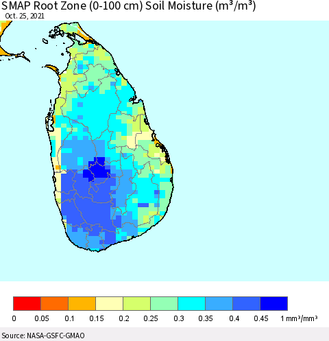 Sri Lanka SMAP Root Zone (0-100 cm) Soil Moisture (m³/m³) Thematic Map For 10/21/2021 - 10/25/2021