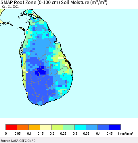 Sri Lanka SMAP Root Zone (0-100 cm) Soil Moisture (m³/m³) Thematic Map For 10/26/2021 - 10/31/2021