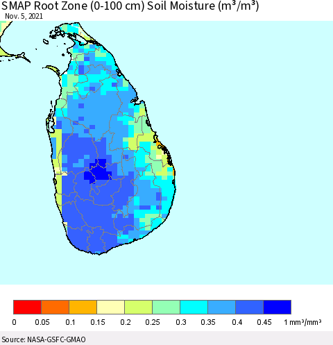 Sri Lanka SMAP Root Zone (0-100 cm) Soil Moisture (m³/m³) Thematic Map For 11/1/2021 - 11/5/2021