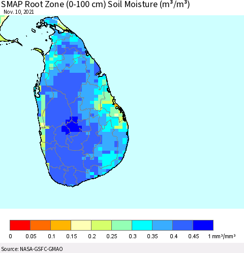 Sri Lanka SMAP Root Zone (0-100 cm) Soil Moisture (m³/m³) Thematic Map For 11/6/2021 - 11/10/2021