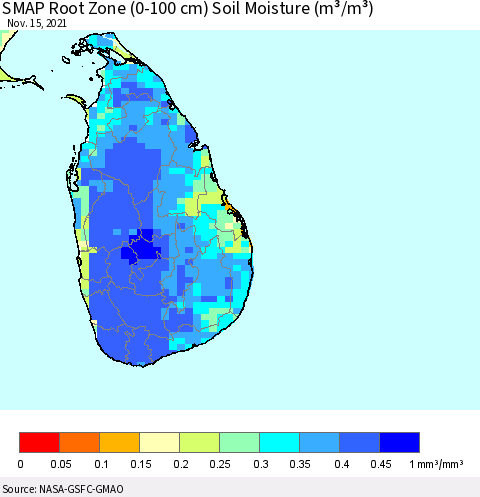 Sri Lanka SMAP Root Zone (0-100 cm) Soil Moisture (m³/m³) Thematic Map For 11/11/2021 - 11/15/2021
