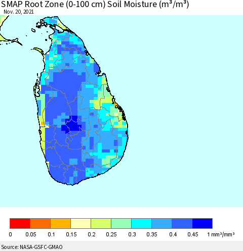 Sri Lanka SMAP Root Zone (0-100 cm) Soil Moisture (m³/m³) Thematic Map For 11/16/2021 - 11/20/2021