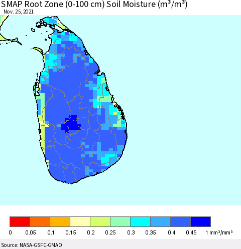 Sri Lanka SMAP Root Zone (0-100 cm) Soil Moisture (m³/m³) Thematic Map For 11/21/2021 - 11/25/2021