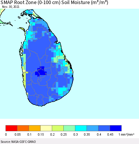 Sri Lanka SMAP Root Zone (0-100 cm) Soil Moisture (m³/m³) Thematic Map For 11/26/2021 - 11/30/2021