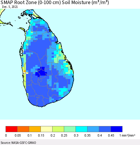Sri Lanka SMAP Root Zone (0-100 cm) Soil Moisture (m³/m³) Thematic Map For 12/1/2021 - 12/5/2021