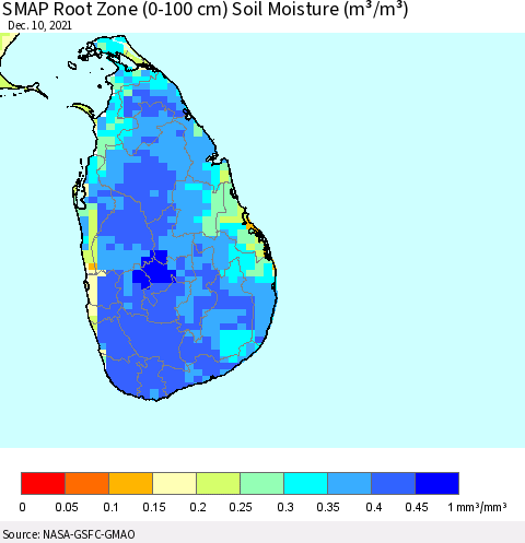 Sri Lanka SMAP Root Zone (0-100 cm) Soil Moisture (m³/m³) Thematic Map For 12/6/2021 - 12/10/2021