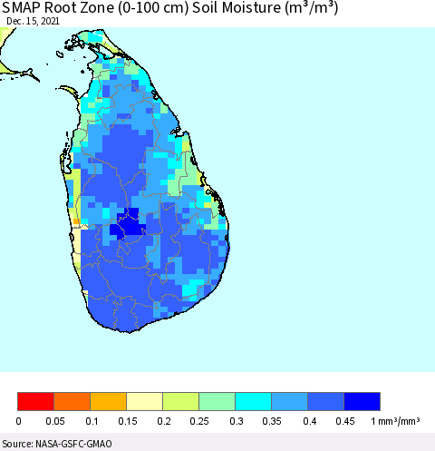 Sri Lanka SMAP Root Zone (0-100 cm) Soil Moisture (m³/m³) Thematic Map For 12/11/2021 - 12/15/2021