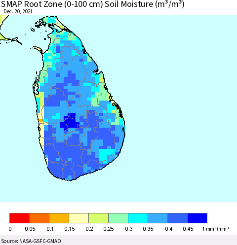 Sri Lanka SMAP Root Zone (0-100 cm) Soil Moisture (m³/m³) Thematic Map For 12/16/2021 - 12/20/2021