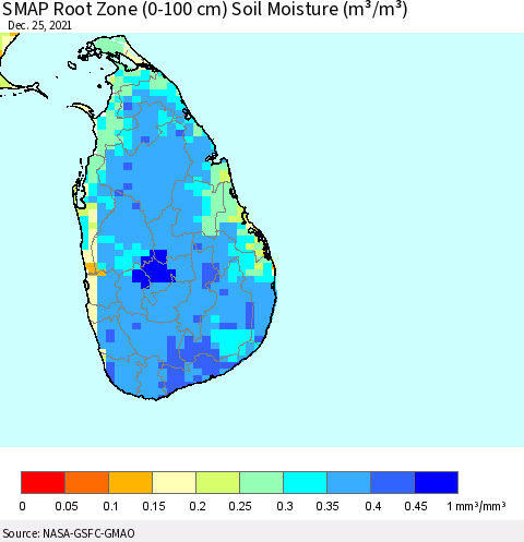 Sri Lanka SMAP Root Zone (0-100 cm) Soil Moisture (m³/m³) Thematic Map For 12/21/2021 - 12/25/2021