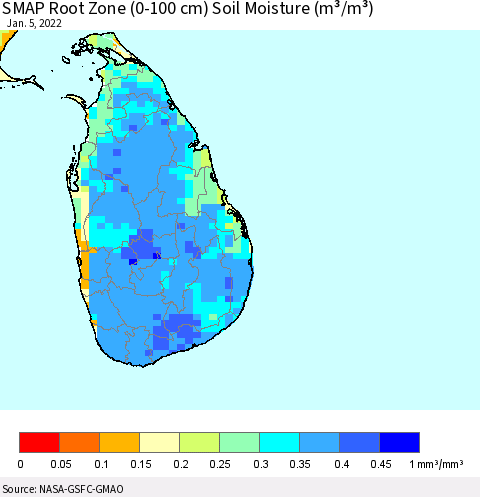 Sri Lanka SMAP Root Zone (0-100 cm) Soil Moisture (m³/m³) Thematic Map For 1/1/2022 - 1/5/2022