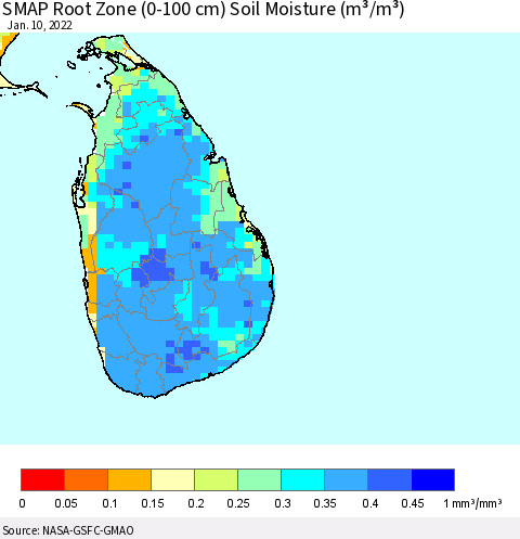 Sri Lanka SMAP Root Zone (0-100 cm) Soil Moisture (m³/m³) Thematic Map For 1/6/2022 - 1/10/2022