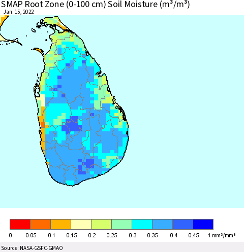 Sri Lanka SMAP Root Zone (0-100 cm) Soil Moisture (m³/m³) Thematic Map For 1/11/2022 - 1/15/2022