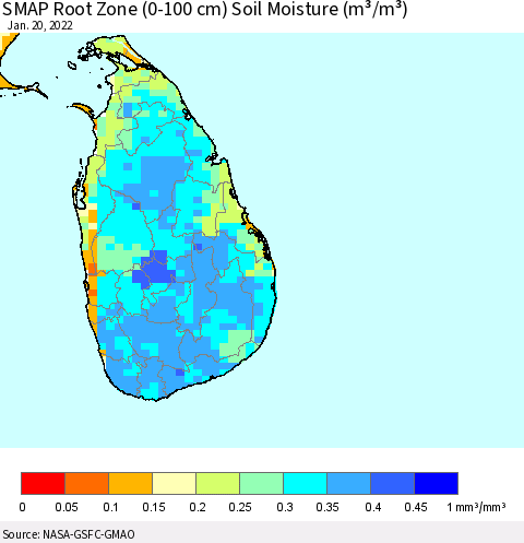 Sri Lanka SMAP Root Zone (0-100 cm) Soil Moisture (m³/m³) Thematic Map For 1/16/2022 - 1/20/2022