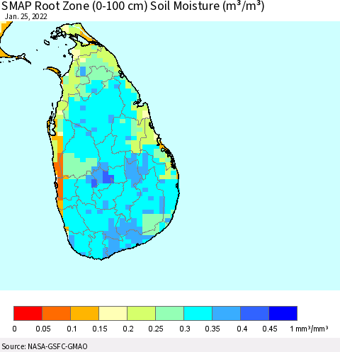 Sri Lanka SMAP Root Zone (0-100 cm) Soil Moisture (m³/m³) Thematic Map For 1/21/2022 - 1/25/2022