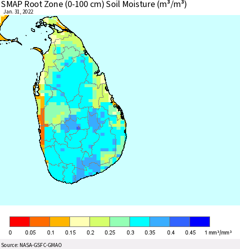 Sri Lanka SMAP Root Zone (0-100 cm) Soil Moisture (m³/m³) Thematic Map For 1/26/2022 - 1/31/2022