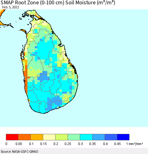 Sri Lanka SMAP Root Zone (0-100 cm) Soil Moisture (m³/m³) Thematic Map For 2/1/2022 - 2/5/2022