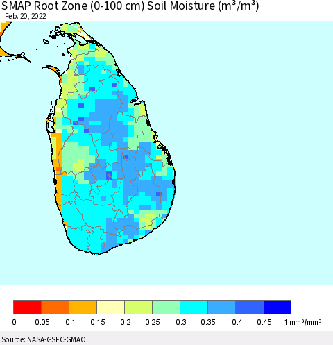 Sri Lanka SMAP Root Zone (0-100 cm) Soil Moisture (m³/m³) Thematic Map For 2/16/2022 - 2/20/2022