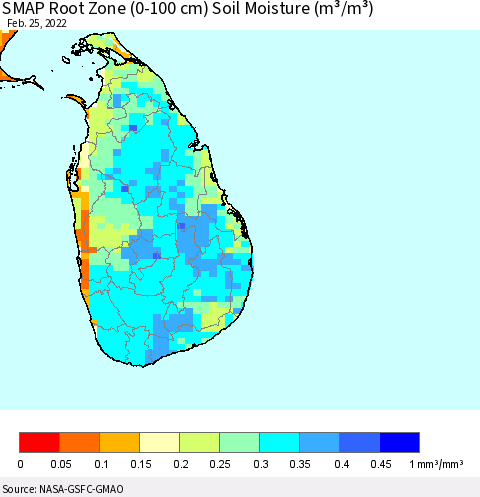 Sri Lanka SMAP Root Zone (0-100 cm) Soil Moisture (m³/m³) Thematic Map For 2/21/2022 - 2/25/2022