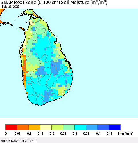Sri Lanka SMAP Root Zone (0-100 cm) Soil Moisture (m³/m³) Thematic Map For 2/26/2022 - 2/28/2022