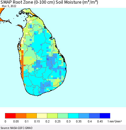 Sri Lanka SMAP Root Zone (0-100 cm) Soil Moisture (m³/m³) Thematic Map For 3/1/2022 - 3/5/2022