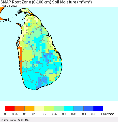 Sri Lanka SMAP Root Zone (0-100 cm) Soil Moisture (m³/m³) Thematic Map For 3/11/2022 - 3/15/2022
