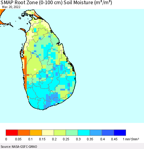 Sri Lanka SMAP Root Zone (0-100 cm) Soil Moisture (m³/m³) Thematic Map For 3/16/2022 - 3/20/2022