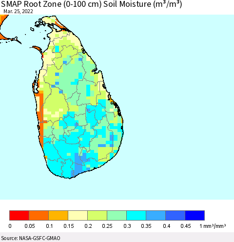 Sri Lanka SMAP Root Zone (0-100 cm) Soil Moisture (m³/m³) Thematic Map For 3/21/2022 - 3/25/2022