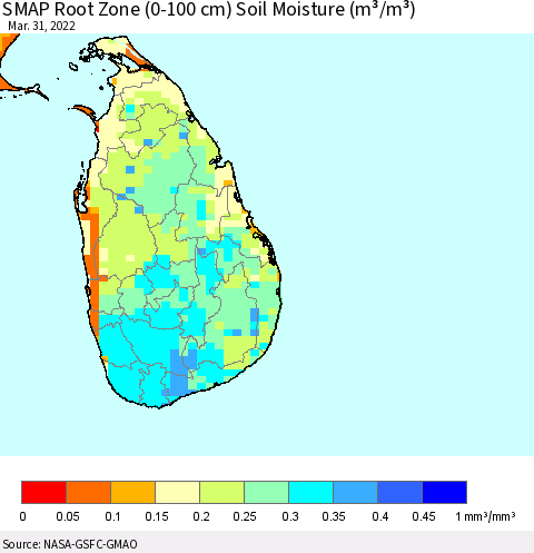 Sri Lanka SMAP Root Zone (0-100 cm) Soil Moisture (m³/m³) Thematic Map For 3/26/2022 - 3/31/2022