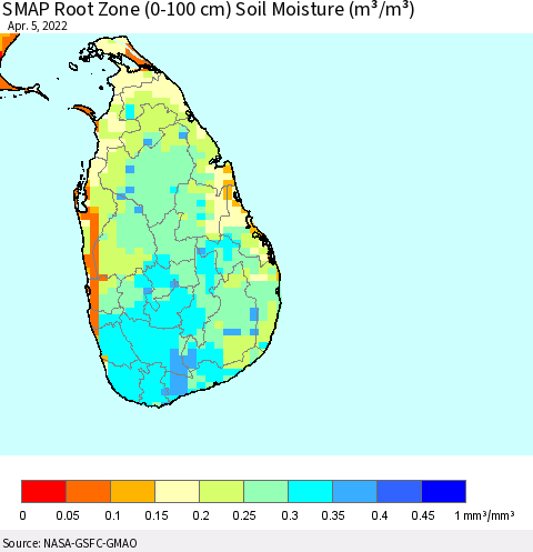 Sri Lanka SMAP Root Zone (0-100 cm) Soil Moisture (m³/m³) Thematic Map For 4/1/2022 - 4/5/2022